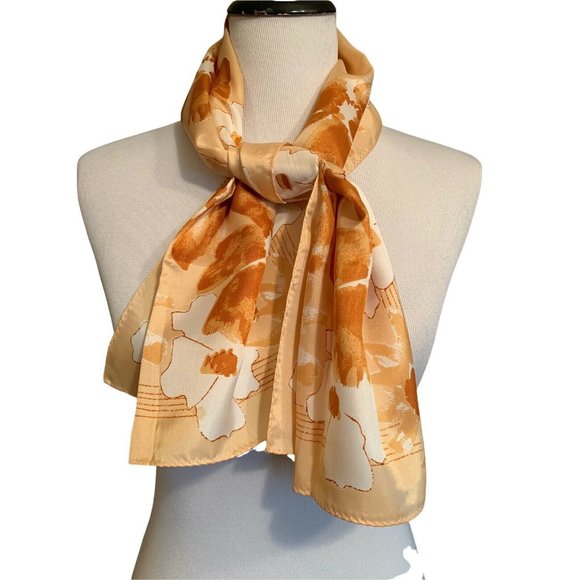 Vera Accessories - Vintage Vera Floral Scarf Poppies Cream Tan Gold Brown 14”x44" Oblong Acetate